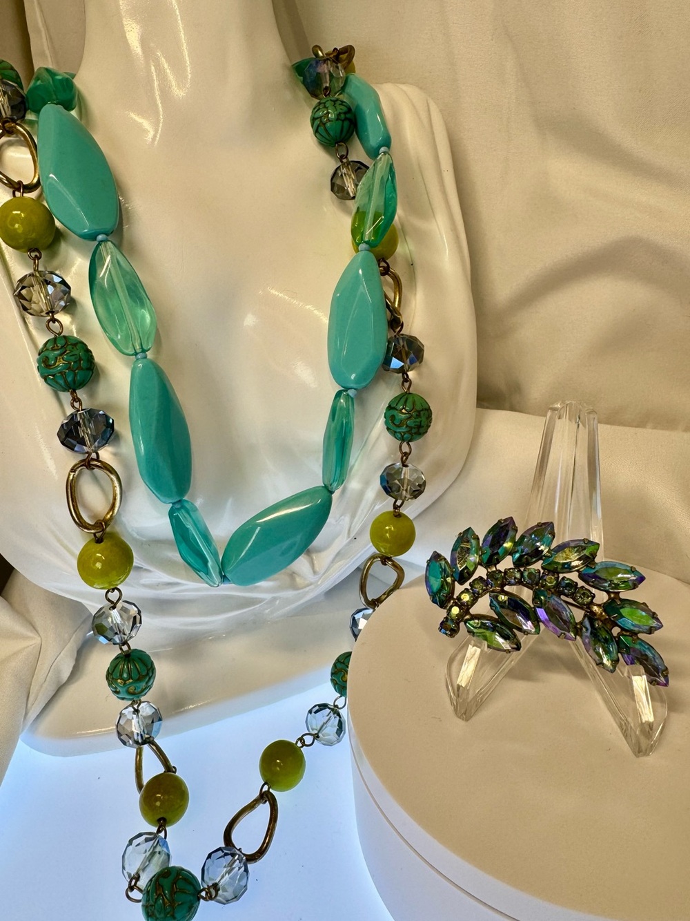 Turquoise and Green Statement Beaded Necklace and Brooch